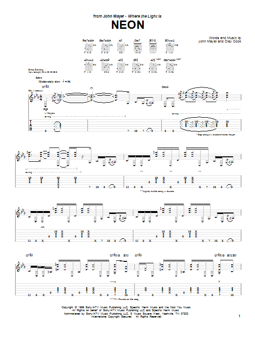 John Mayer Neon sheet music notes and chords. Download Printable PDF.