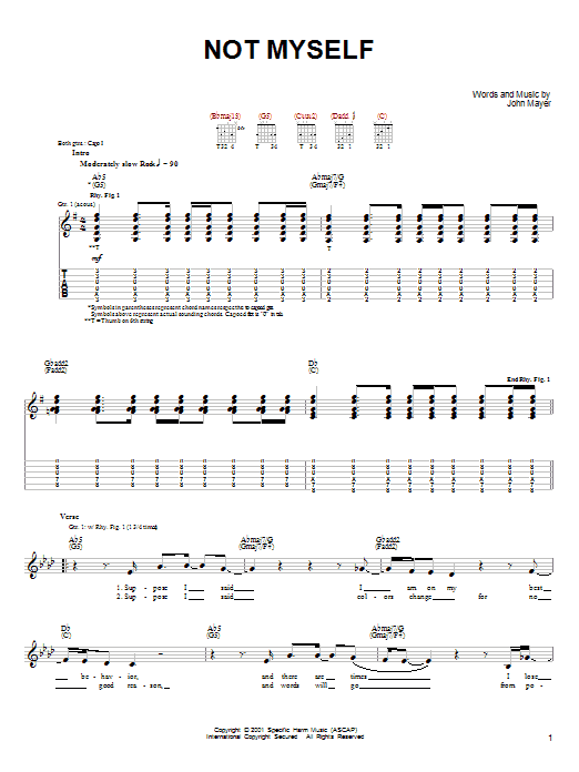 John Mayer Not Myself sheet music notes and chords. Download Printable PDF.