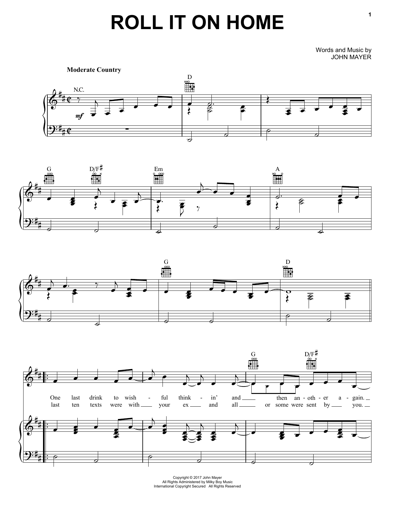 John Mayer Roll It On Home sheet music notes and chords. Download Printable PDF.