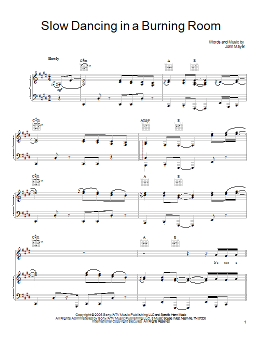 John Mayer Slow Dancing In A Burning Room sheet music notes and chords. Download Printable PDF.