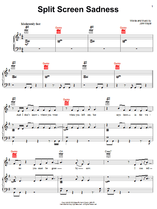 Learn to play John Mayer Split Screen Sadness sheet music for Guitar Tab in minutes. Price: 7.8900$ John Mayer Split Screen Sadness sheet music notes and chords arranged for Guitar Tab