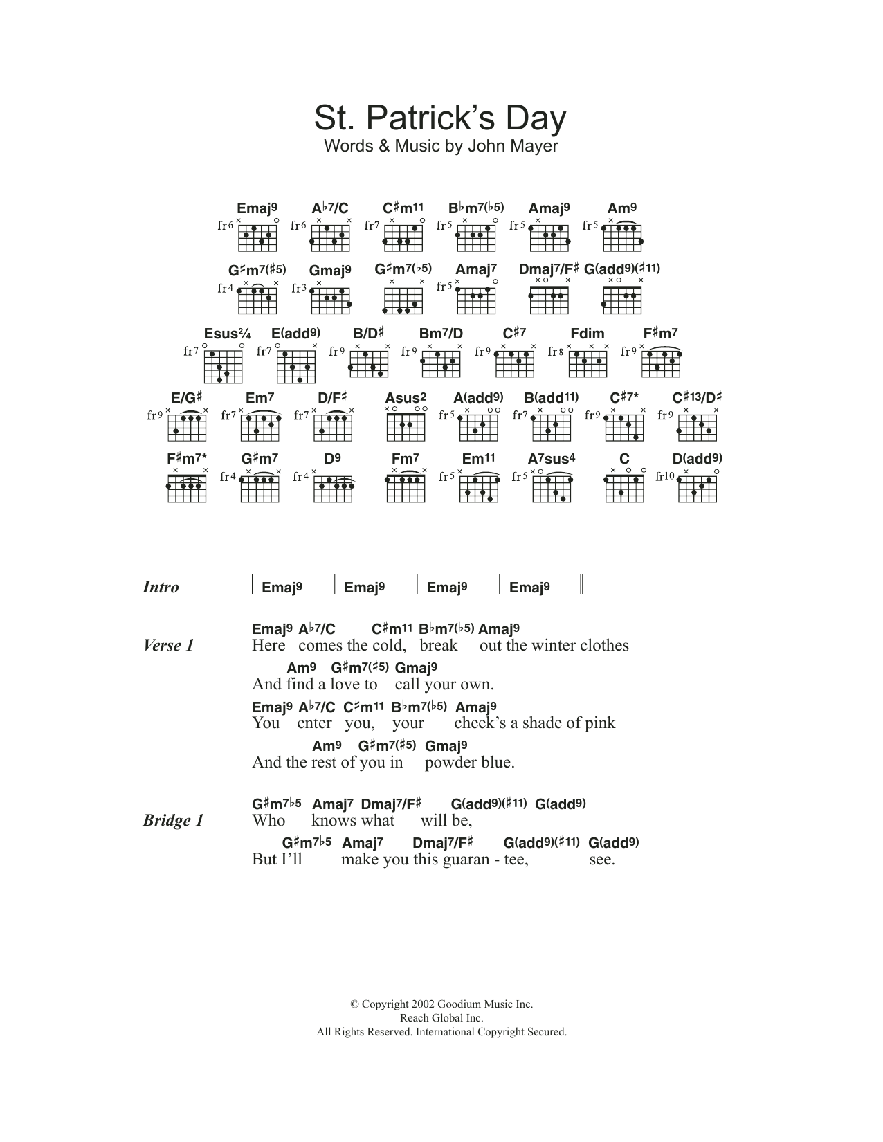 John Mayer St. Patrick's Day sheet music notes and chords. Download Printable PDF.