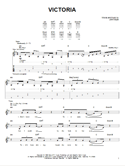 John Mayer Victoria sheet music notes and chords. Download Printable PDF.