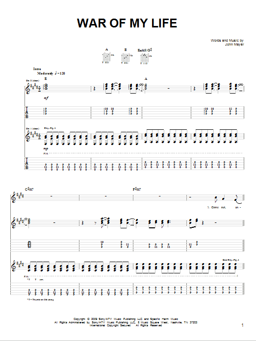 John Mayer War Of My Life sheet music notes and chords. Download Printable PDF.