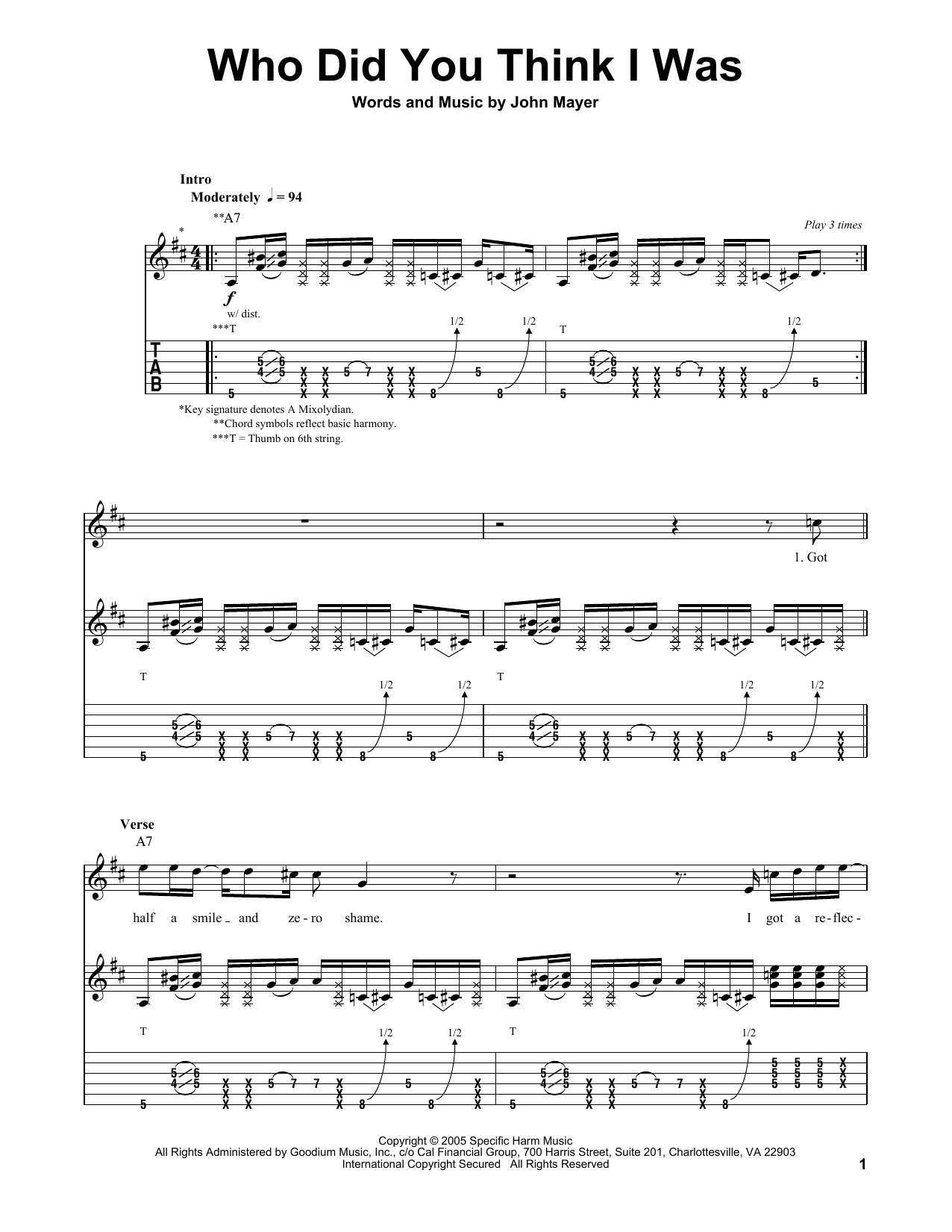 John Mayer Who Did You Think I Was sheet music notes and chords arranged for Guitar Tab (Single Guitar)