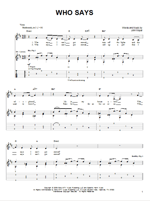 John Mayer Who Says sheet music notes and chords. Download Printable PDF.