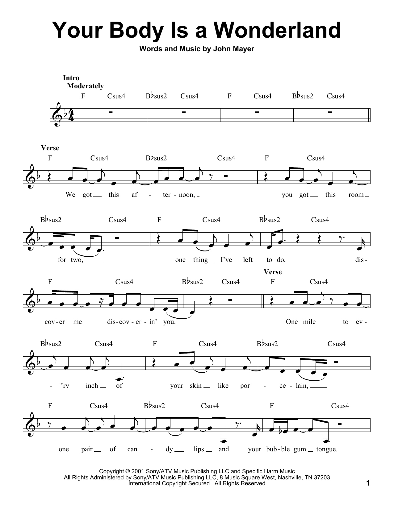 John Mayer Your Body Is A Wonderland sheet music notes and chords. Download Printable PDF.