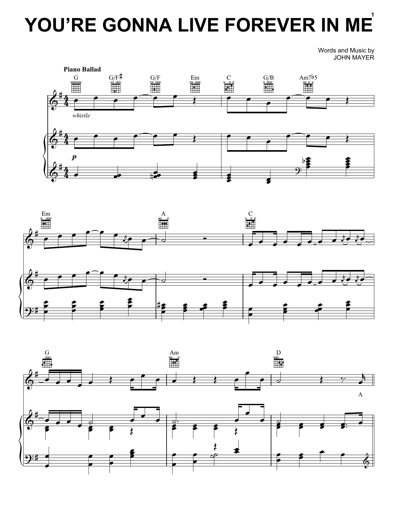 John Mayer You're Gonna Live Forever In Me sheet music notes and chords. Download Printable PDF.