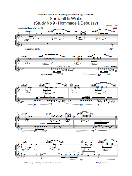 Learn to play John McCabe Snowfall In Winter (Study No 9 - Hommage À Debussy) sheet music for Piano Solo in minutes. Price: 7.8900$ John McCabe Snowfall In Winter (Study No 9 - Hommage À Debussy) sheet music notes and chords arranged for Piano Solo