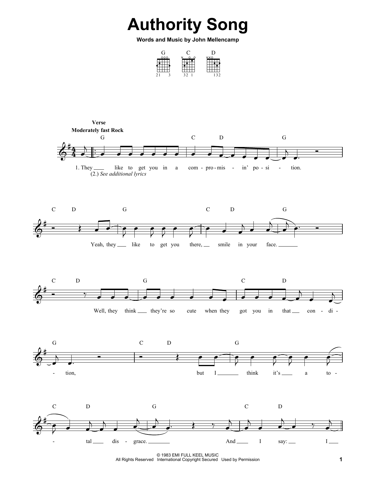 John Mellencamp Authority Song sheet music notes and chords. Download Printable PDF.