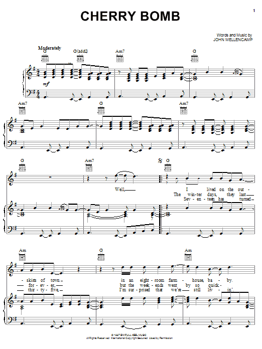 John Mellencamp Cherry Bomb sheet music notes and chords arranged for Piano, Vocal & Guitar Chords (Right-Hand Melody)