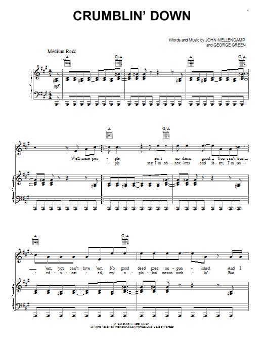 Learn to play John Mellencamp Crumblin' Down sheet music for Piano, Vocal & Guitar Chords (Right-Hand Melody) in minutes. Price: 7.8900$ John Mellencamp Crumblin' Down sheet music notes and chords arranged for Piano, Vocal & Guitar Chords (Right-Hand Melody)