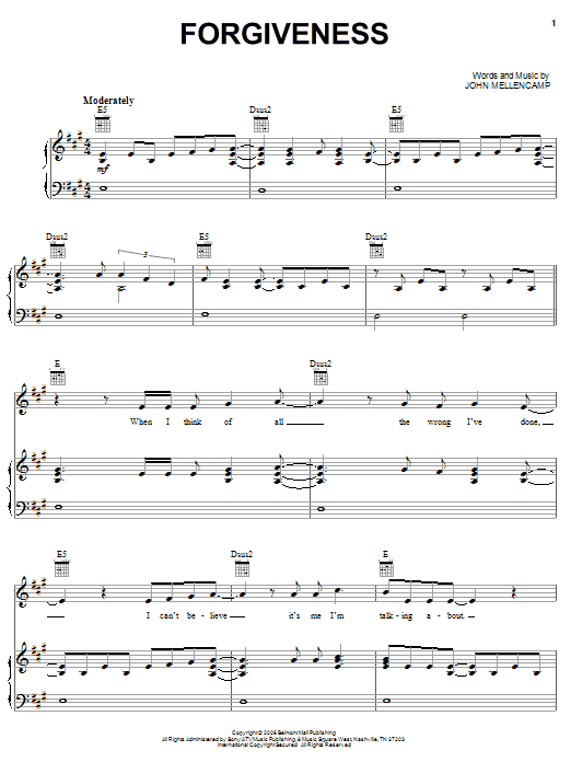 John Mellencamp Forgiveness sheet music notes and chords arranged for Piano, Vocal & Guitar Chords (Right-Hand Melody)