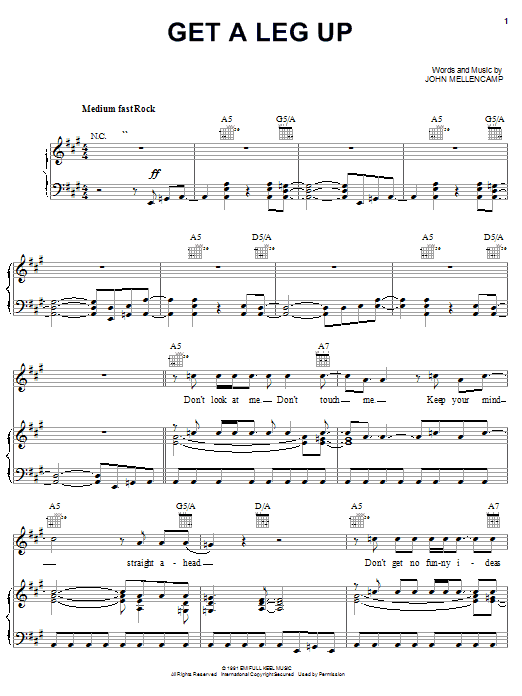 John Mellencamp Get A Leg Up sheet music notes and chords arranged for Piano, Vocal & Guitar Chords (Right-Hand Melody)