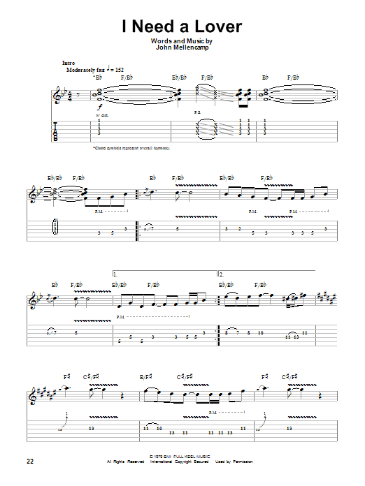 John Mellencamp I Need A Lover sheet music notes and chords. Download Printable PDF.