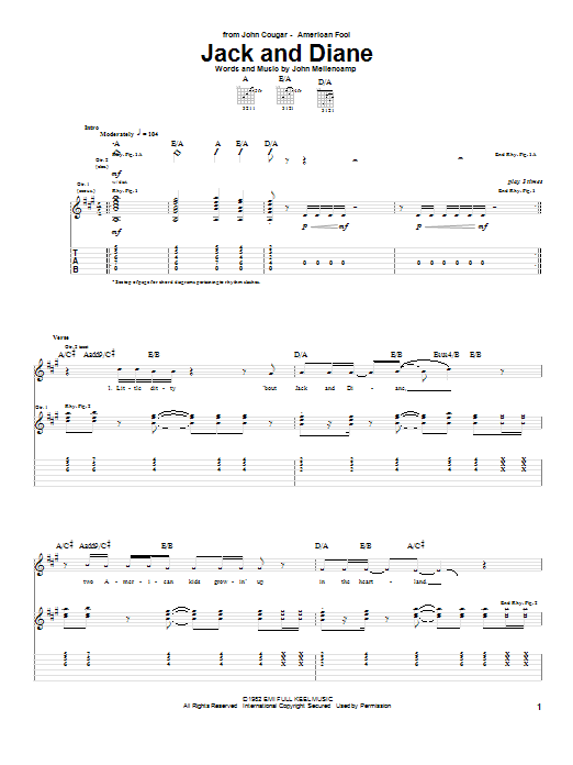 John Mellencamp Jack And Diane sheet music notes and chords. Download Printable PDF.