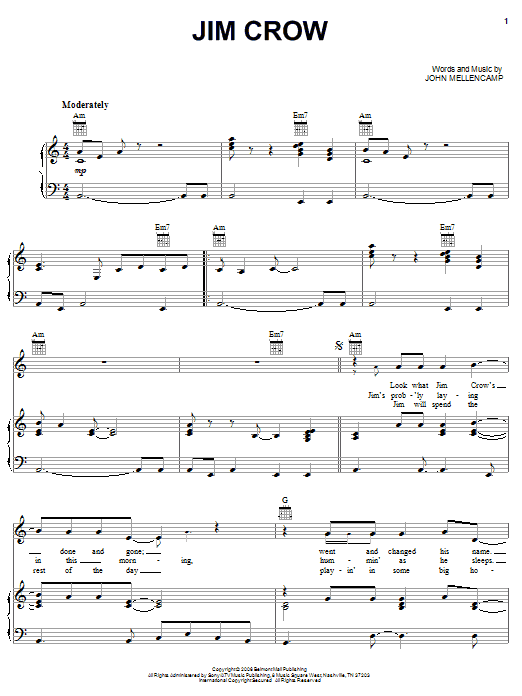 John Mellencamp Jim Crow sheet music notes and chords arranged for Piano, Vocal & Guitar Chords (Right-Hand Melody)