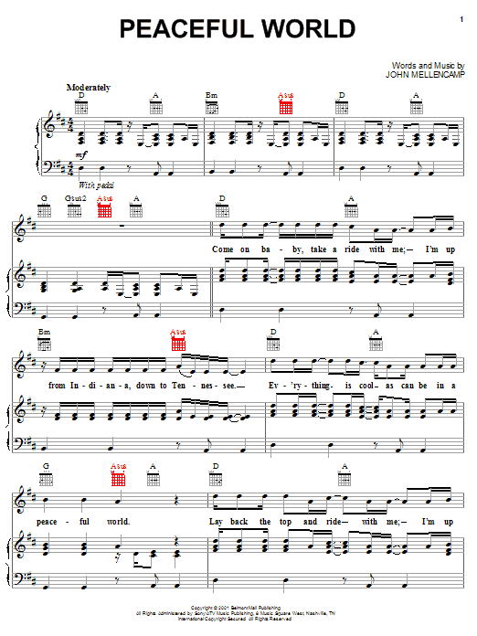 John Mellencamp Peaceful World sheet music notes and chords arranged for Piano, Vocal & Guitar Chords (Right-Hand Melody)