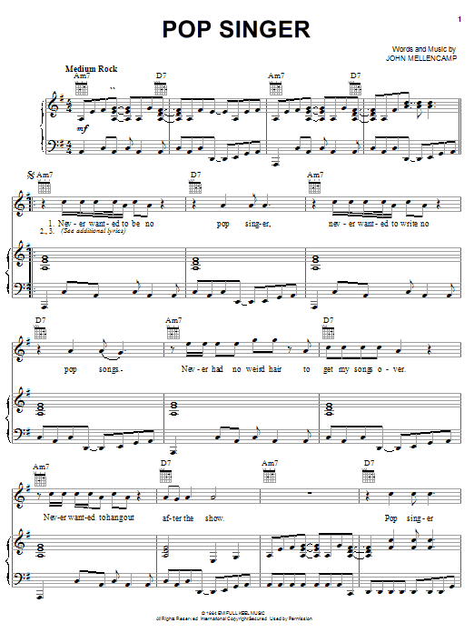 Learn to play John Mellencamp Pop Singer sheet music for Piano, Vocal & Guitar Chords (Right-Hand Melody) in minutes. Price: 7.8900$ John Mellencamp Pop Singer sheet music notes and chords arranged for Piano, Vocal & Guitar Chords (Right-Hand Melody)