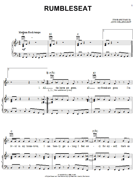 John Mellencamp Rumbleseat sheet music notes and chords arranged for Piano, Vocal & Guitar Chords (Right-Hand Melody)