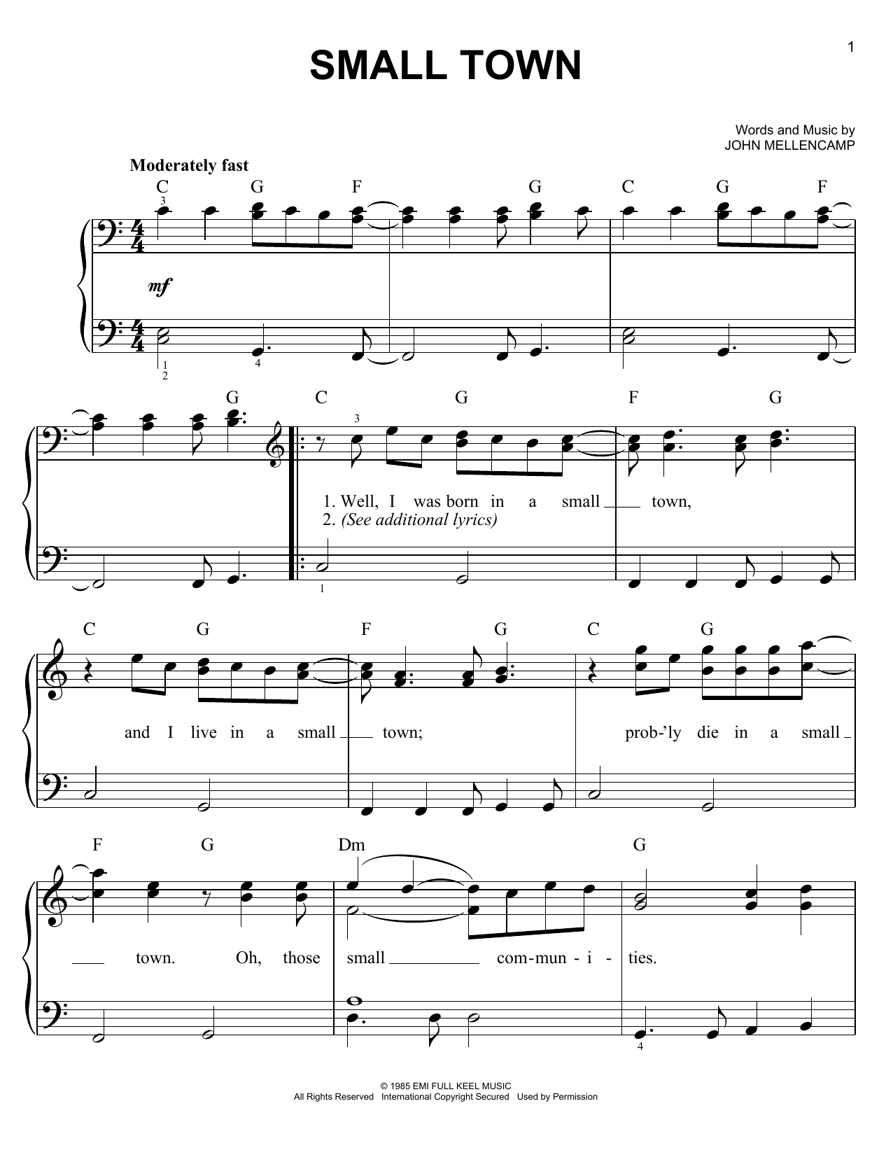 John Mellencamp Small Town sheet music notes and chords. Download Printable PDF.