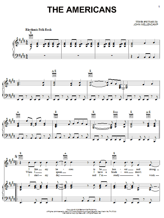 John Mellencamp The Americans sheet music notes and chords arranged for Piano, Vocal & Guitar Chords (Right-Hand Melody)