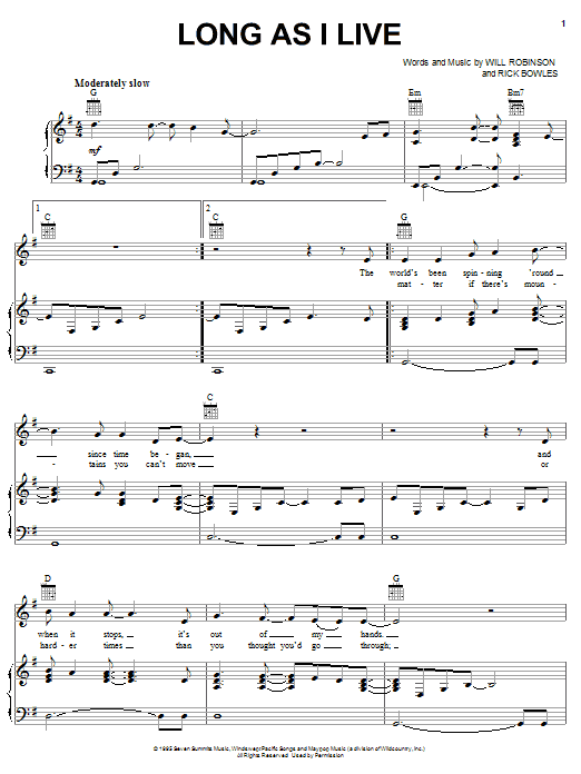 Learn to play John Michael Montgomery Long As I Live sheet music for Piano, Vocal & Guitar Chords (Right-Hand Melody) in minutes. Price: 7.8900$ John Michael Montgomery Long As I Live sheet music notes and chords arranged for Piano, Vocal & Guitar Chords (Right-Hand Melody)