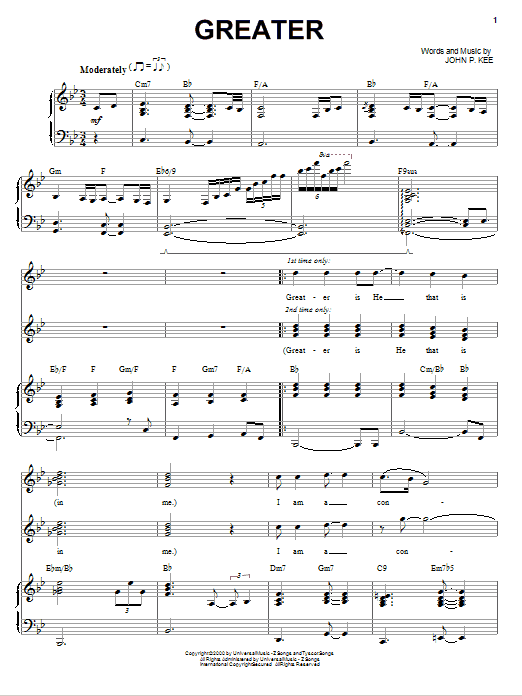 Learn to play John P. Kee Greater sheet music for Piano, Vocal & Guitar Chords (Right-Hand Melody) in minutes. Price: 7.8900$ John P. Kee Greater sheet music notes and chords arranged for Piano, Vocal & Guitar Chords (Right-Hand Melody)