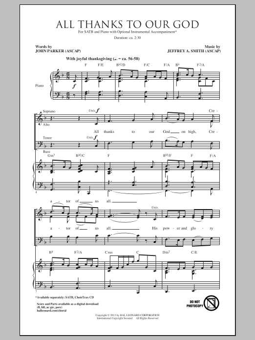 Learn to play Jeffrey A. Smith All Thanks To Our God (arr. John Parker) sheet music for SATB Choir in minutes. Price: 3.9900$ Jeffrey A. Smith All Thanks To Our God (arr. John Parker) sheet music notes and chords arranged for SATB Choir