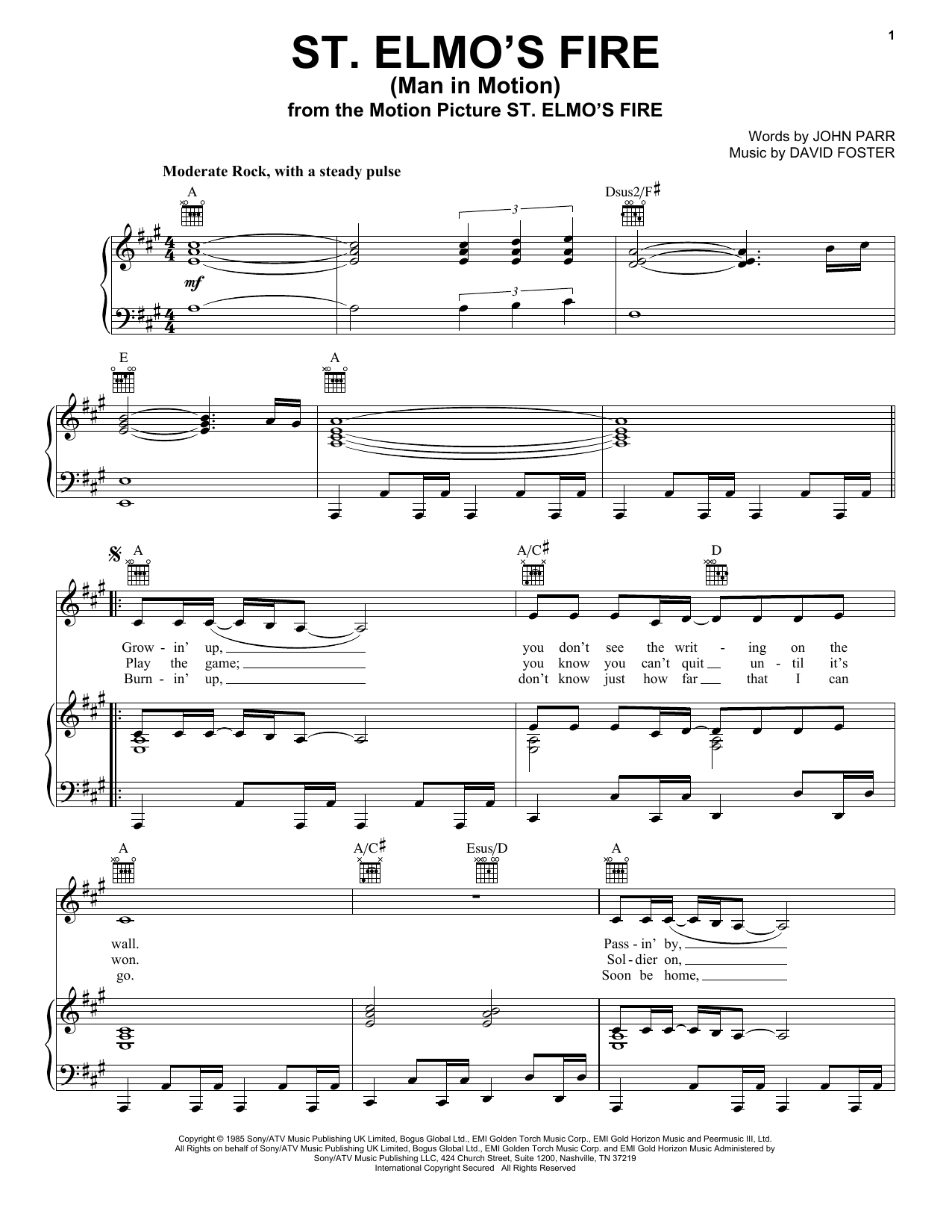 Learn to play John Parr St. Elmo's Fire (Man In Motion) sheet music for Easy Piano in minutes. Price: 6.9900$ John Parr St. Elmo's Fire (Man In Motion) sheet music notes and chords arranged for Easy Piano