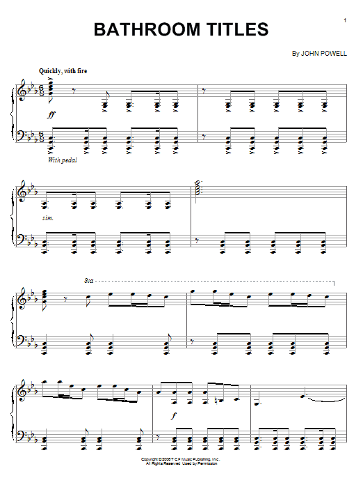 Learn to play John Powell Bathroom Titles sheet music for Piano Solo in minutes. Price: 7.8900$ John Powell Bathroom Titles sheet music notes and chords arranged for Piano Solo