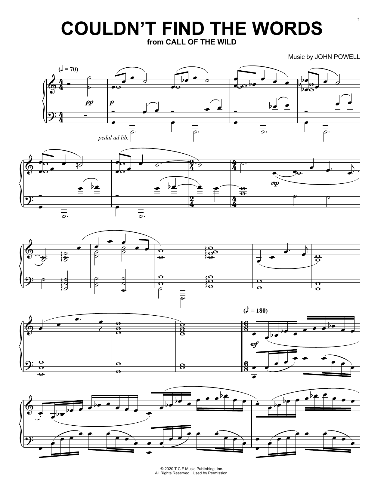 Learn to play John Powell Couldn't Find The Words (from The Call Of The Wild) (arr. Batu Sener) sheet music for Piano Solo in minutes. Price: 7.8900$ John Powell Couldn't Find The Words (from The Call Of The Wild) (arr. Batu Sener) sheet music notes and chords arranged for Piano Solo