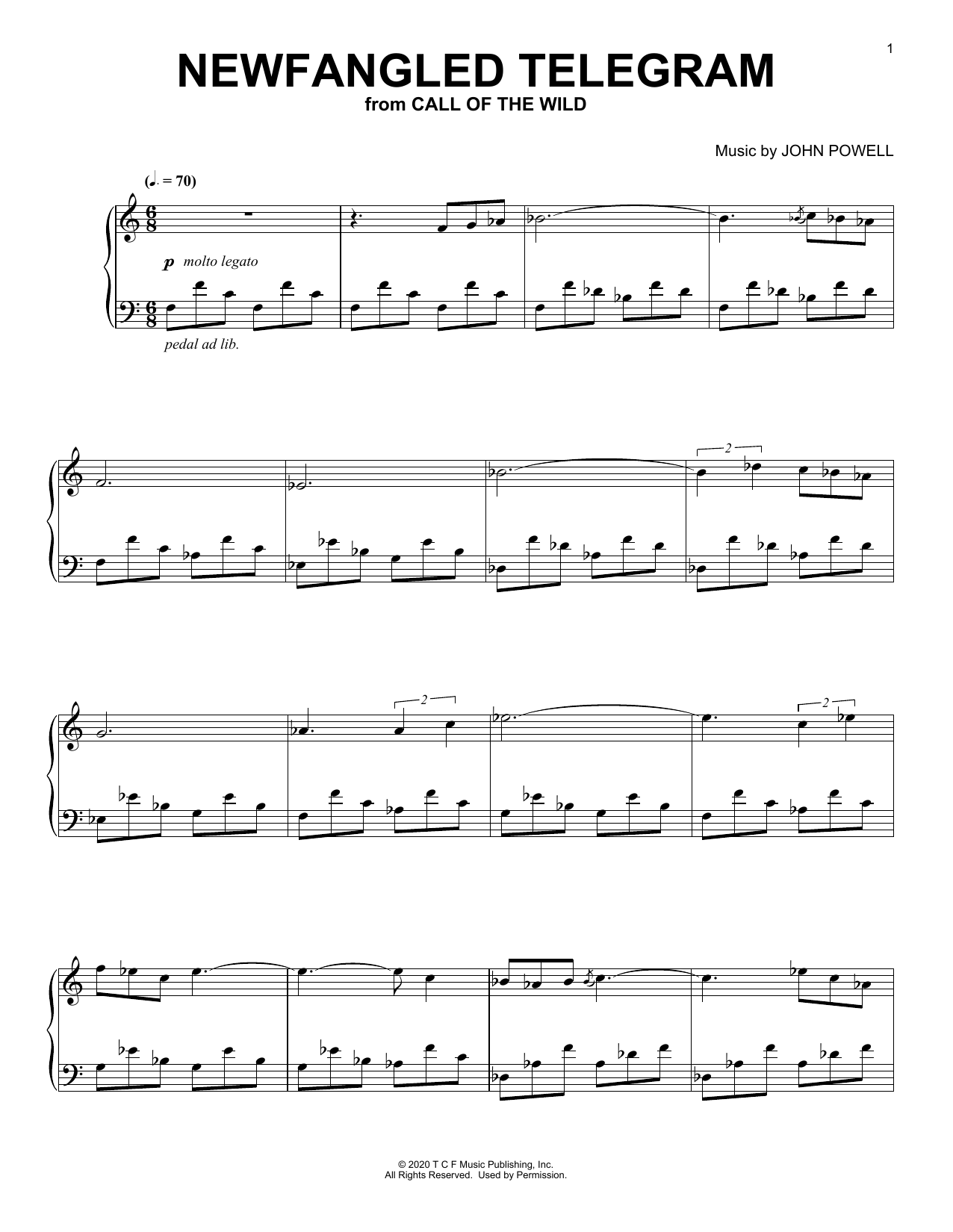 John Powell Newfangled Telegram (from The Call Of The Wild) (arr. Batu Sener) sheet music notes and chords arranged for Piano Solo