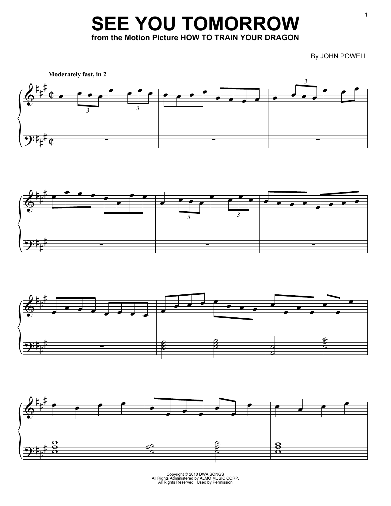 Learn to play John Powell See You Tomorrow (from How to Train Your Dragon) sheet music for Piano Solo in minutes. Price: 7.8900$ John Powell See You Tomorrow (from How to Train Your Dragon) sheet music notes and chords arranged for Piano Solo