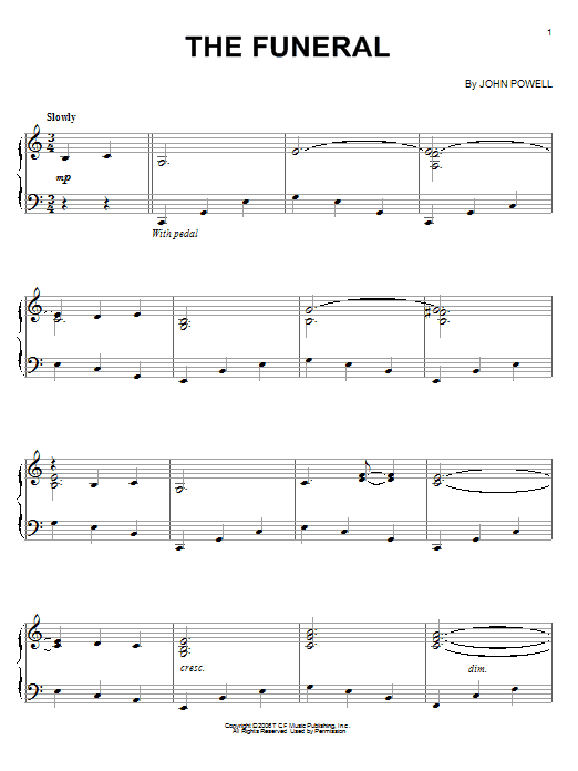 John Powell The Funeral sheet music notes and chords arranged for Piano Solo