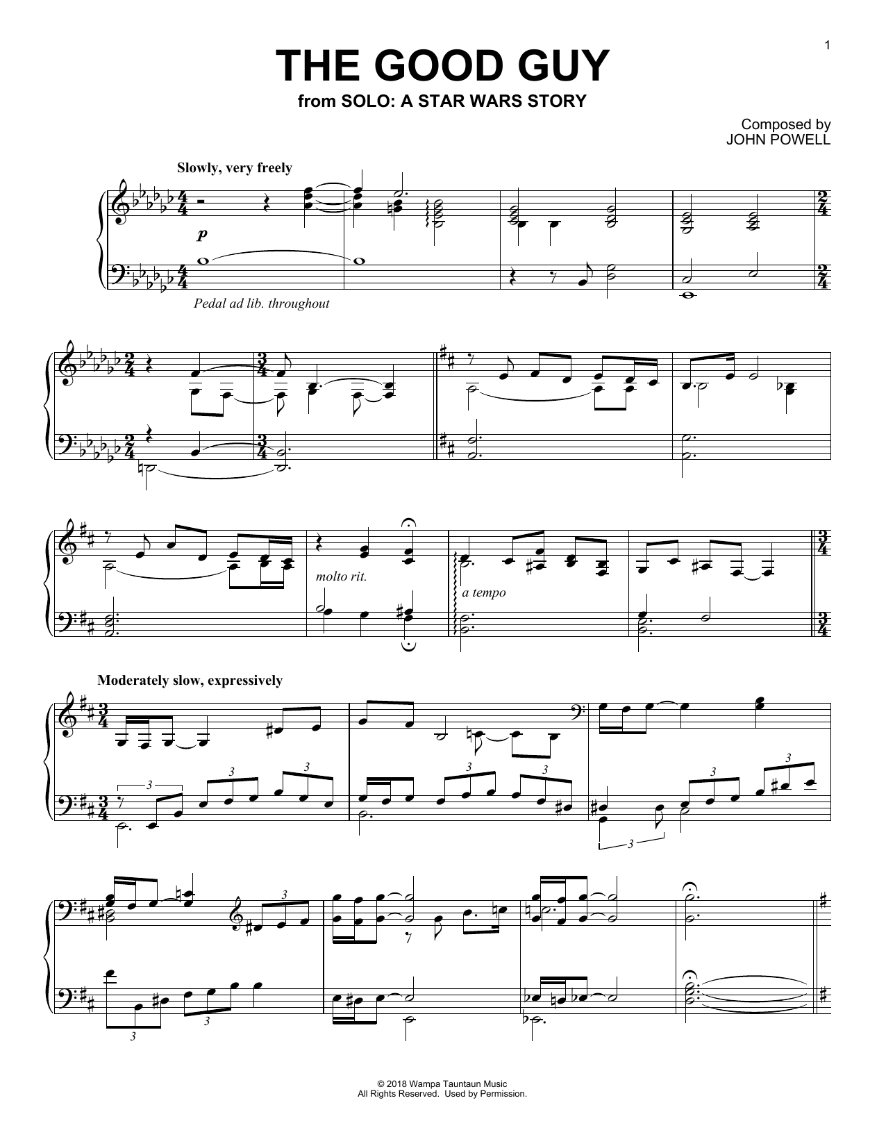 John Powell The Good Guy (from Solo: A Star Wars Story) sheet music notes and chords arranged for Piano Solo