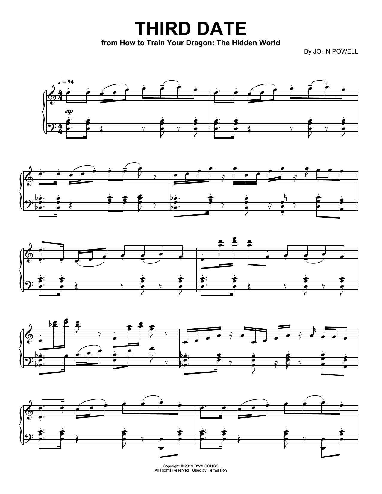 John Powell Third Date (from How to Train Your Dragon: The Hidden World) sheet music notes and chords. Download Printable PDF.