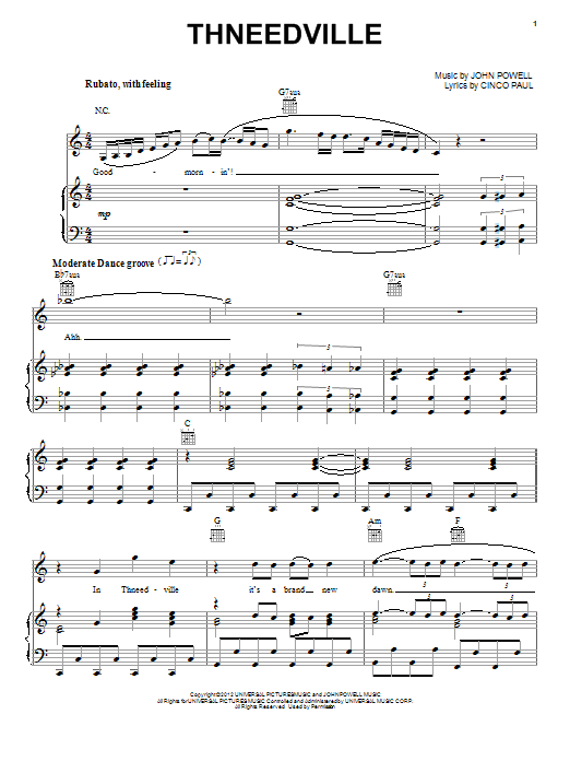Learn to play John Powell Thneedville sheet music for Piano, Vocal & Guitar Chords (Right-Hand Melody) in minutes. Price: 7.8900$ John Powell Thneedville sheet music notes and chords arranged for Piano, Vocal & Guitar Chords (Right-Hand Melody)
