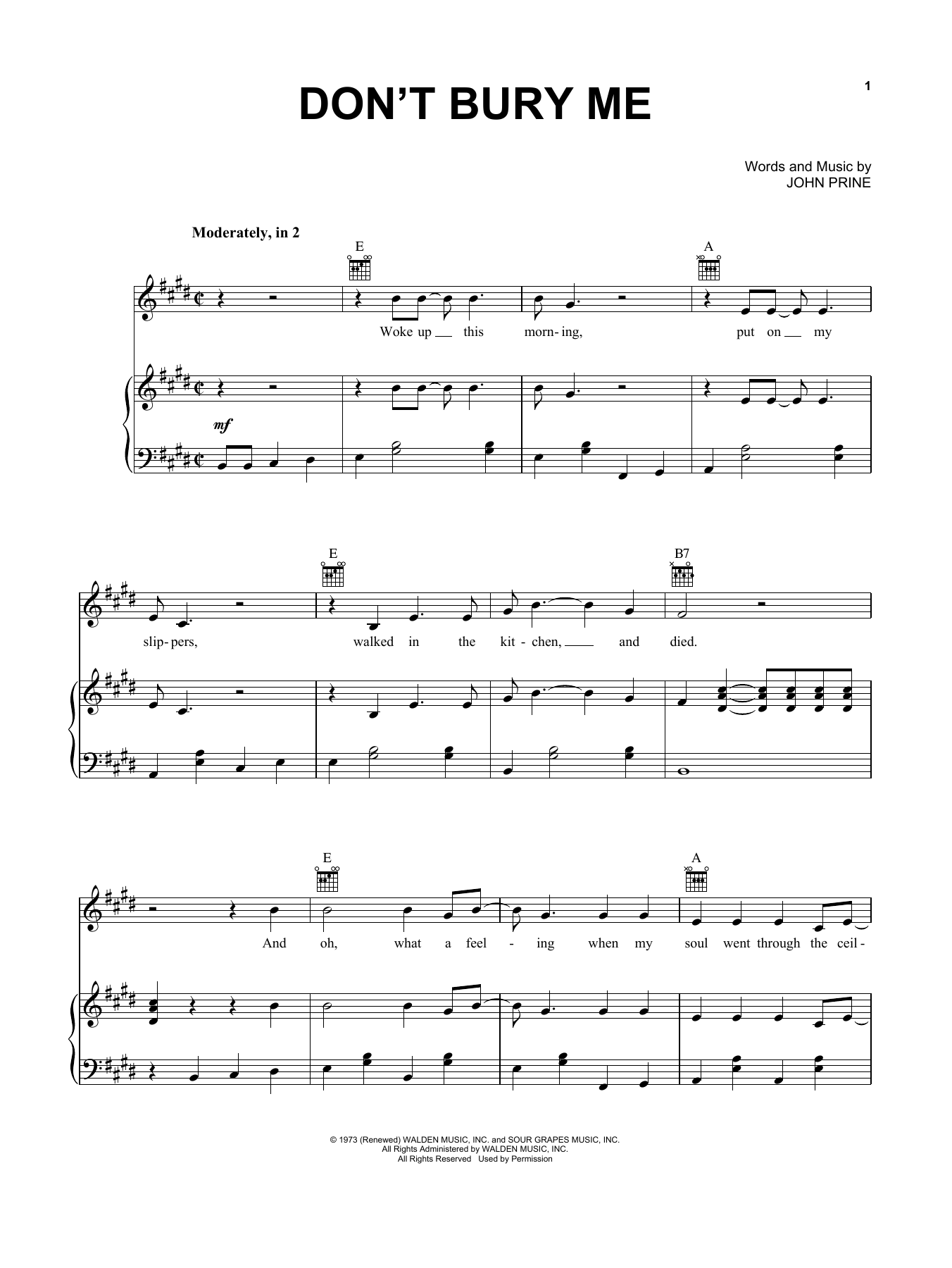 John Prine Don't Bury Me sheet music notes and chords. Download Printable PDF.