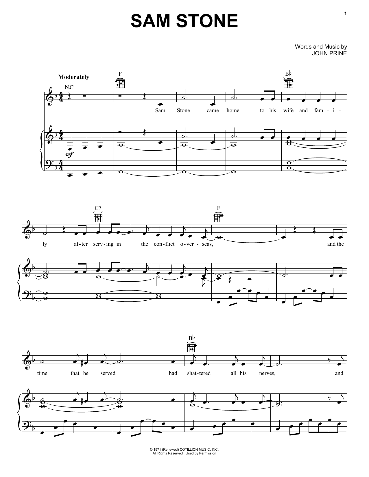 John Prine Sam Stone sheet music notes and chords. Download Printable PDF.