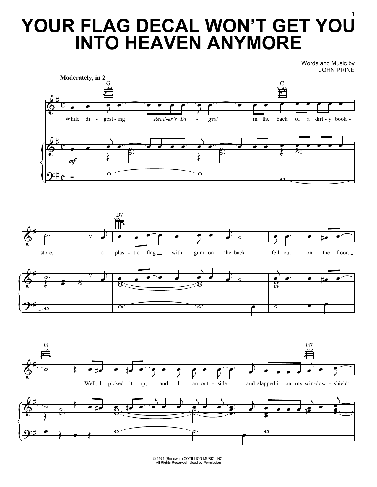 Learn to play John Prine Your Flag Decal Won't Get You Into Heaven Anymore sheet music for Piano, Vocal & Guitar Chords (Right-Hand Melody) in minutes. Price: 6.9900$ John Prine Your Flag Decal Won't Get You Into Heaven Anymore sheet music notes and chords arranged for Piano, Vocal & Guitar Chords (Right-Hand Melody)