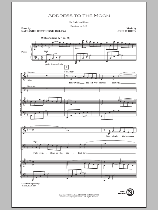 Learn to play John Purifoy Address To The Moon sheet music for SAB Choir in minutes. Price: 3.9900$ John Purifoy Address To The Moon sheet music notes and chords arranged for SAB Choir