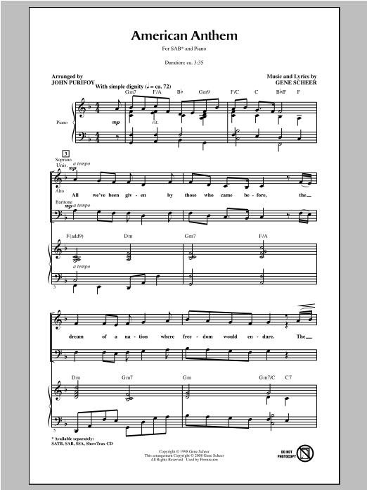 Learn to play John Purifoy American Anthem sheet music for SAB Choir in minutes. Price: 3.9900$ John Purifoy American Anthem sheet music notes and chords arranged for SAB Choir
