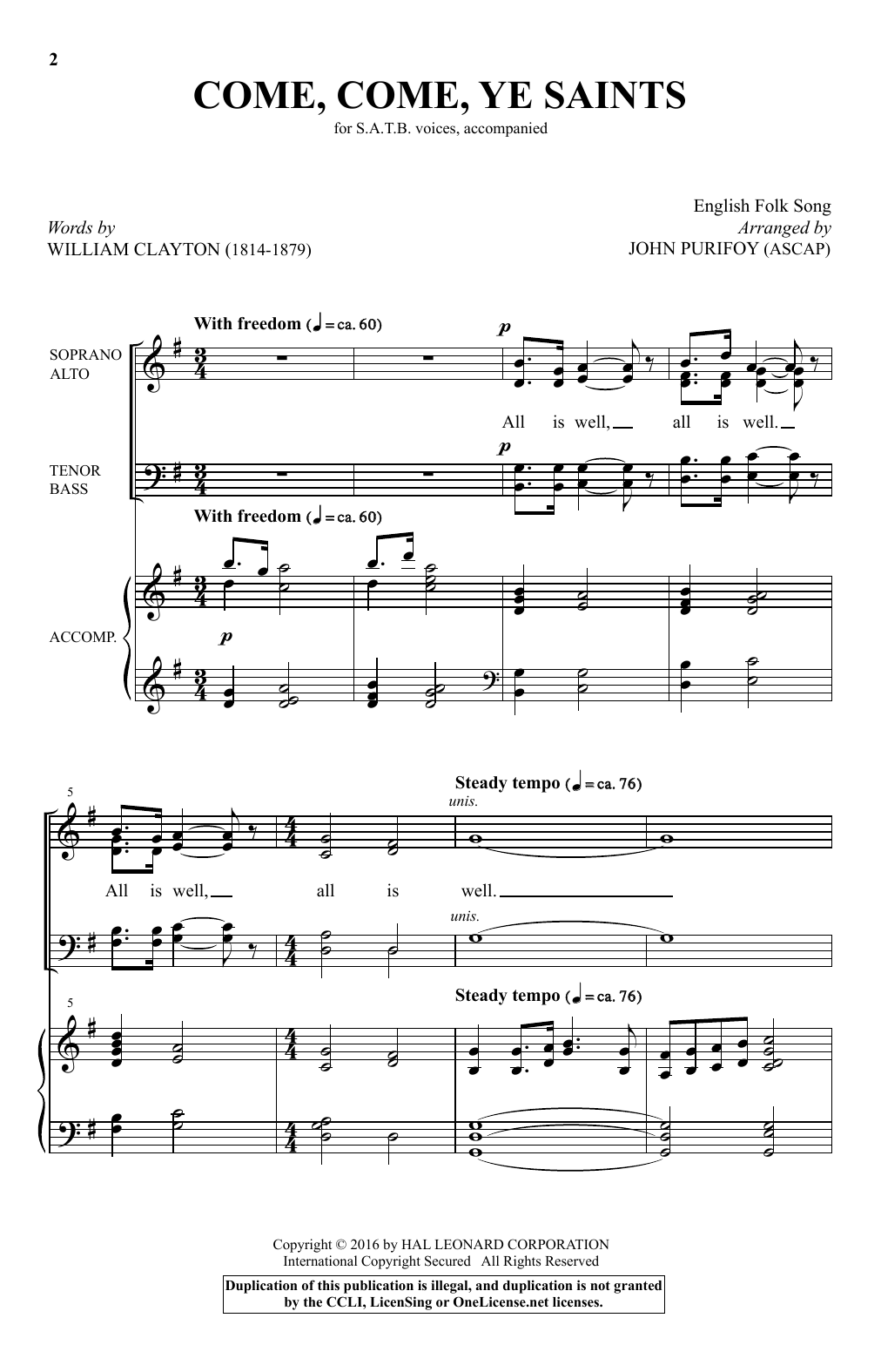 Learn to play Traditional English Folksong Come, Come, Ye Saints (arr. John Purifoy) sheet music for SATB Choir in minutes. Price: 3.9900$ Traditional English Folksong Come, Come, Ye Saints (arr. John Purifoy) sheet music notes and chords arranged for SATB Choir