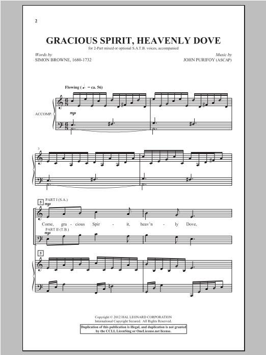 Learn to play John Purifoy Gracious Spirit, Heavenly Dove sheet music for 2-Part Choir in minutes. Price: 3.9900$ John Purifoy Gracious Spirit, Heavenly Dove sheet music notes and chords arranged for 2-Part Choir