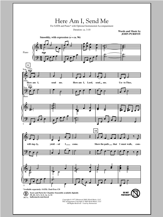 John Purifoy Here Am I, Send Me sheet music notes and chords. Download Printable PDF.