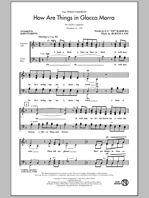 Learn to play John Purifoy How Are Things In Glocca Morra sheet music for SATB Choir in minutes. Price: 3.9900$ John Purifoy How Are Things In Glocca Morra sheet music notes and chords arranged for SATB Choir