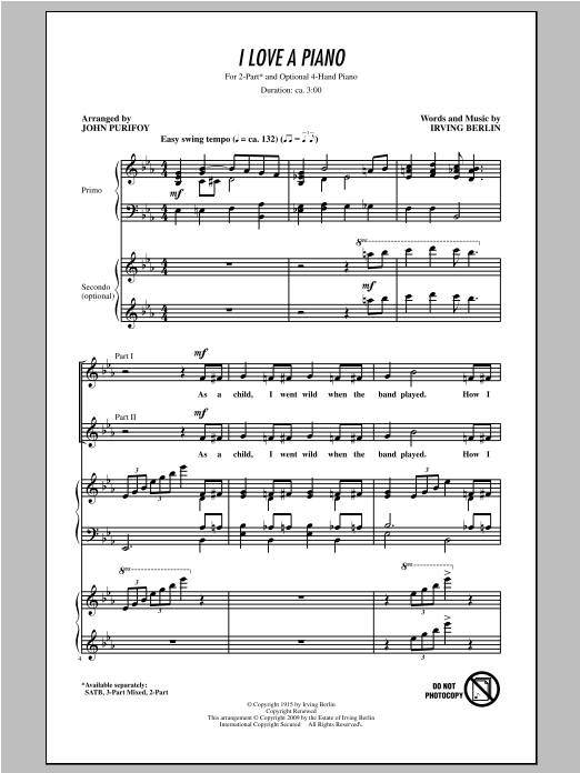 Irving Berlin I Love A Piano (arr. John Purifoy) sheet music notes and chords arranged for 2-Part Choir