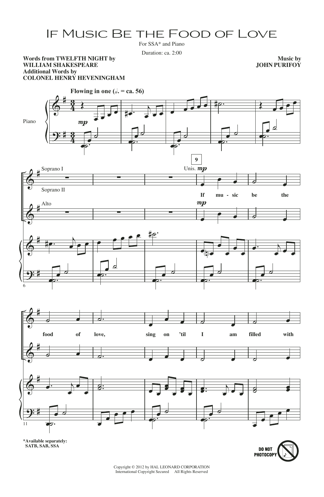Learn to play John Purifoy If Music Be The Food Of Love (from Shakespeare's Twelfth Night) sheet music for SSA Choir in minutes. Price: 3.7900$ John Purifoy If Music Be The Food Of Love (from Shakespeare's Twelfth Night) sheet music notes and chords arranged for SSA Choir