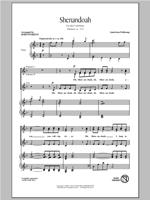 Traditional Folksong Shenandoah (arr. John Purifoy) sheet music notes and chords arranged for SSA Choir